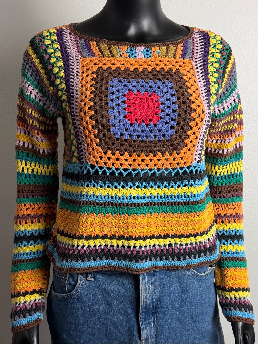 Express Tricot Crochet Granny Square Sweater Medium Boho Festival Knit
